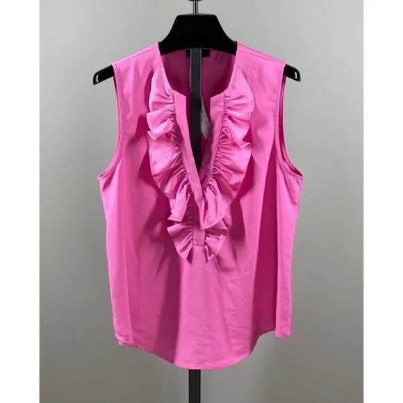 J. Crew Pink Ruffle Satin Crepe Ruffle Neck Tank Top Blouse Shirt Barbie - M - Picture 2 of 5